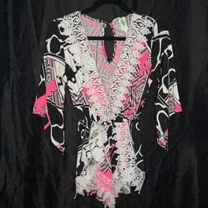 Multicolored, low cut romper, with lace trim